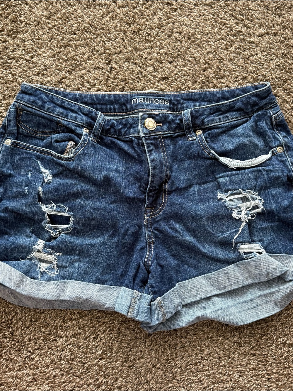 Maurices Dark Blue Distressed Roll-Up Denim Shorts - Size 12